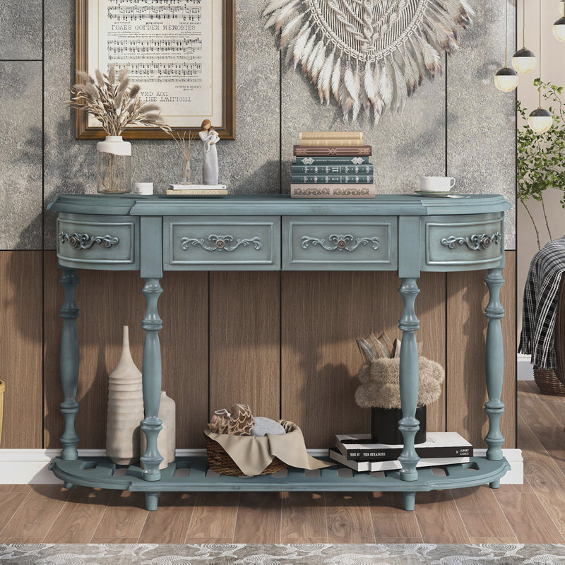 Table console moderne avec courbure pour le couloir du salon avec 4 tiroirs et 1 tablette, Bleu antique