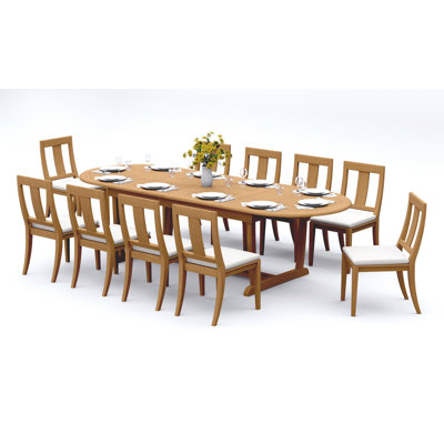 8 Seats 9 Pcs Grade-A Teak Wood Dining Set: 94" Mas Oval Trestle Leg Table And 8 Osborne Armless Chairs #11OS2300