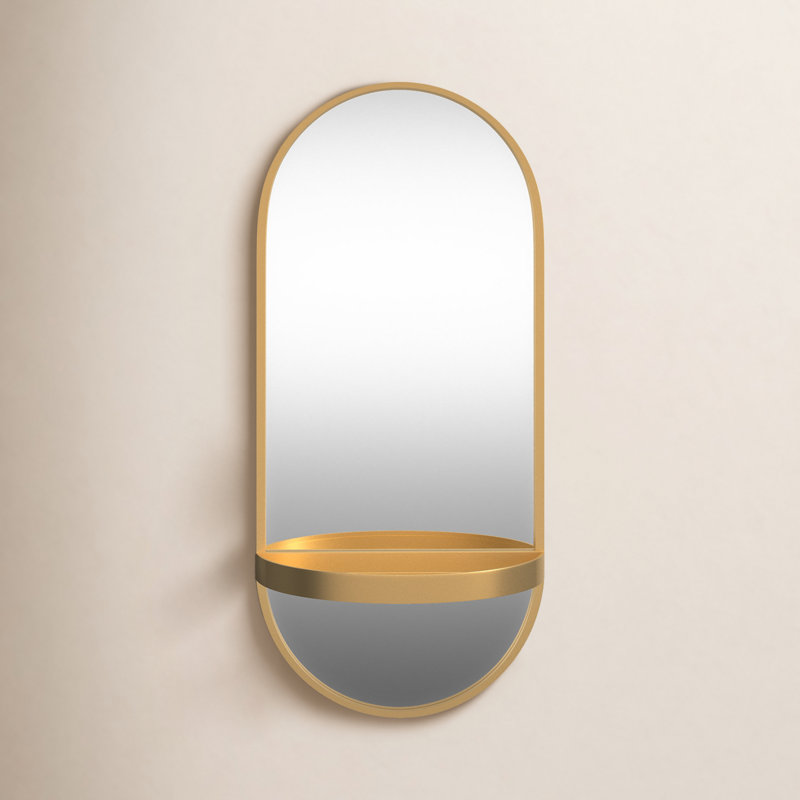 Lumi Metal Flat Mirror with Shelves, Gold, 24.25" H x 11 W