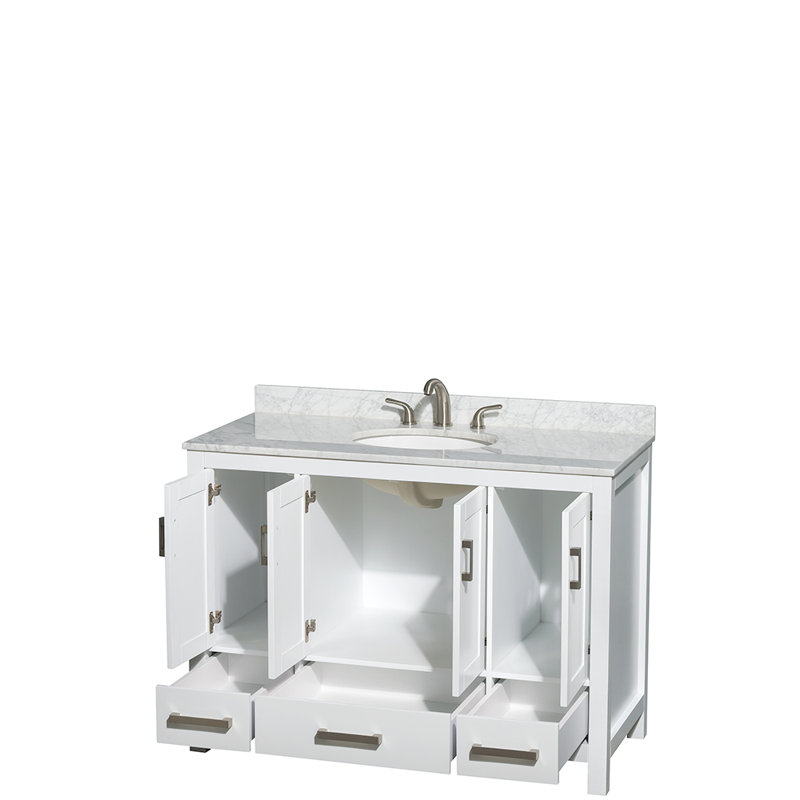 Meuble-lavabo simple autoportant avec plateau en marbre Sheffield, Marbre blanc Carrera, Blanc