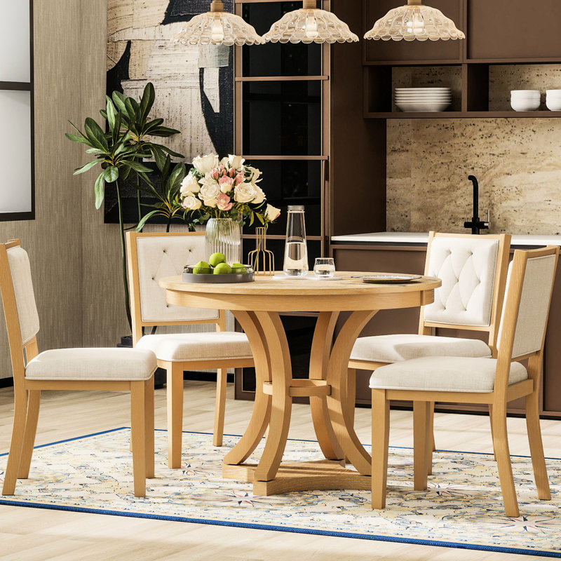5 pièces pour la salle à manger et le salon, table extensible 4 chaises assorties, structure en bois massif, support de confort rétro avec finition rembourrée ronde extensible naturelle, conception adaptable, facile à entretenir