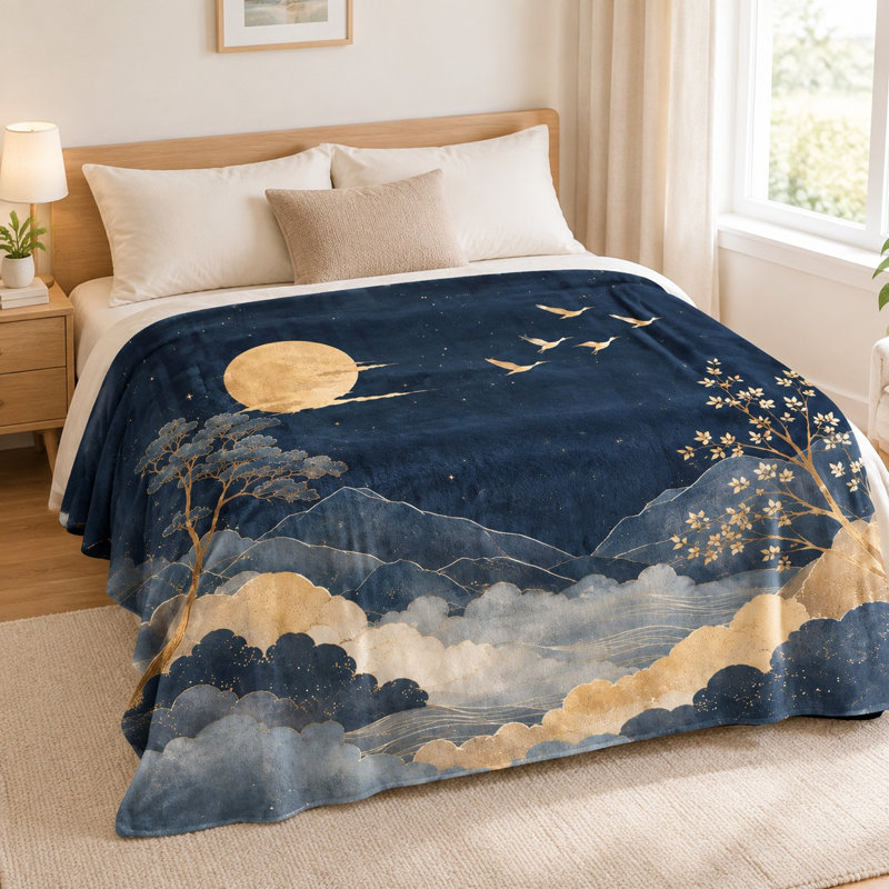 Cozy Throw Blanket - Artistic Landscape, Golden Moon & Flying Cranes, Cozy Comfort, Lightweight, Breathable, All-Season Use, Gentle on Skin, Machine Washable, Decorative Accent, for Sofa, Couch, Living Room and Bedroom