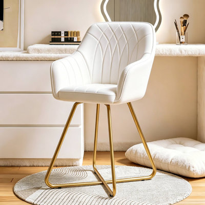 Akron Vanity Chair with Back, Faux Leather Makeup Chair with Gold Metal Base, Modern Upholstered Accent Chair for Bedroom, Home Office