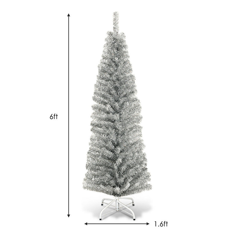 Arbre de Noël artificiel à forme allongée argent 6 pi avec 520 pointes en PET, Silver