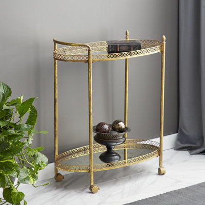 Brass Metal Rolling 2 Mirrored Shelves Bar Cart with Vintage Inspired Details, 30" x 16" x 34" by Mistana