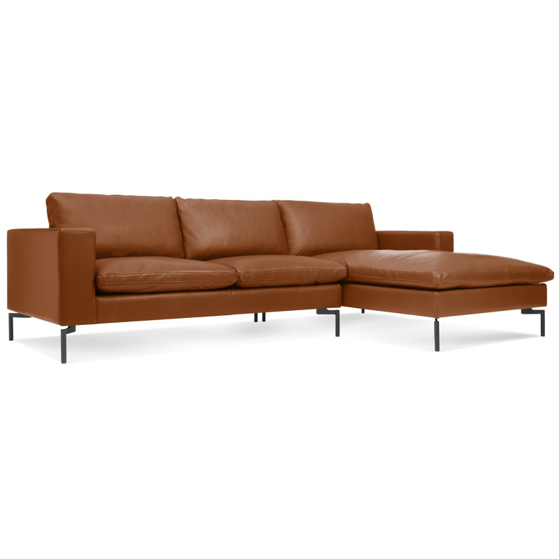 Nouveau canapé standard avec méridienne, Orienté à gauche (vu de face), Cuir caramel, Noir