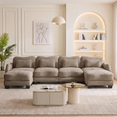 Grand-Scale Extra-Wide 4-Seat Curved Velvet Sectional Sofa with 2 Movable Ottomans, Mocha Brown