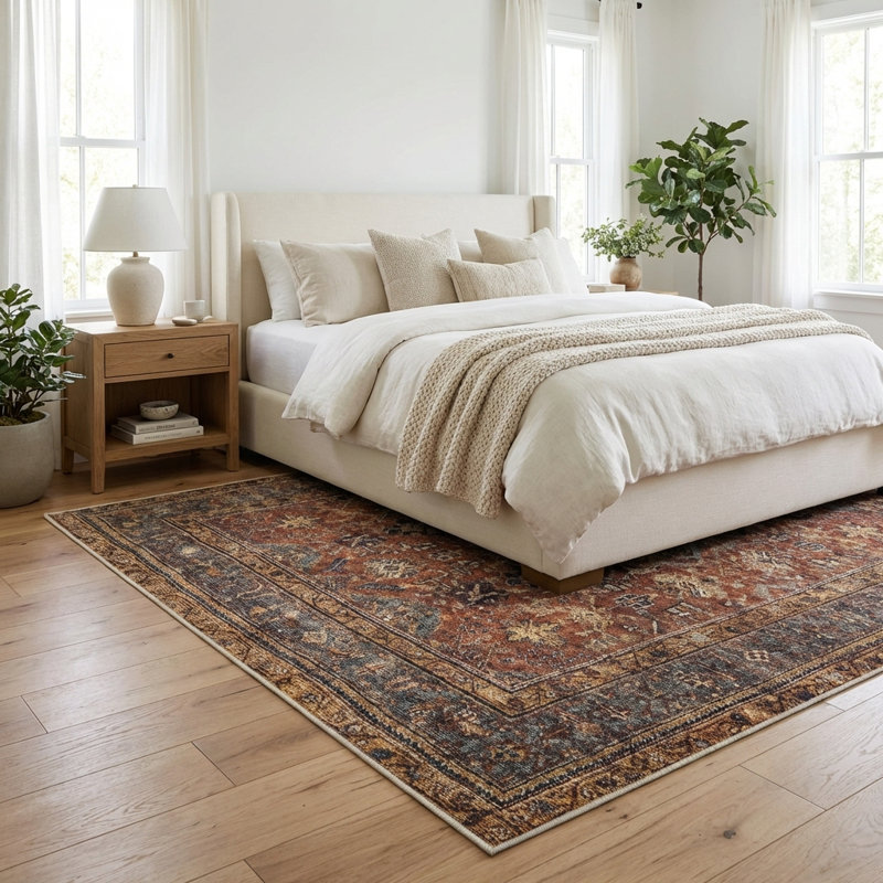 Machine Washable Non-Slip - Terracotta / Mustard Traditional Rug, Rectangle 8' x 10'