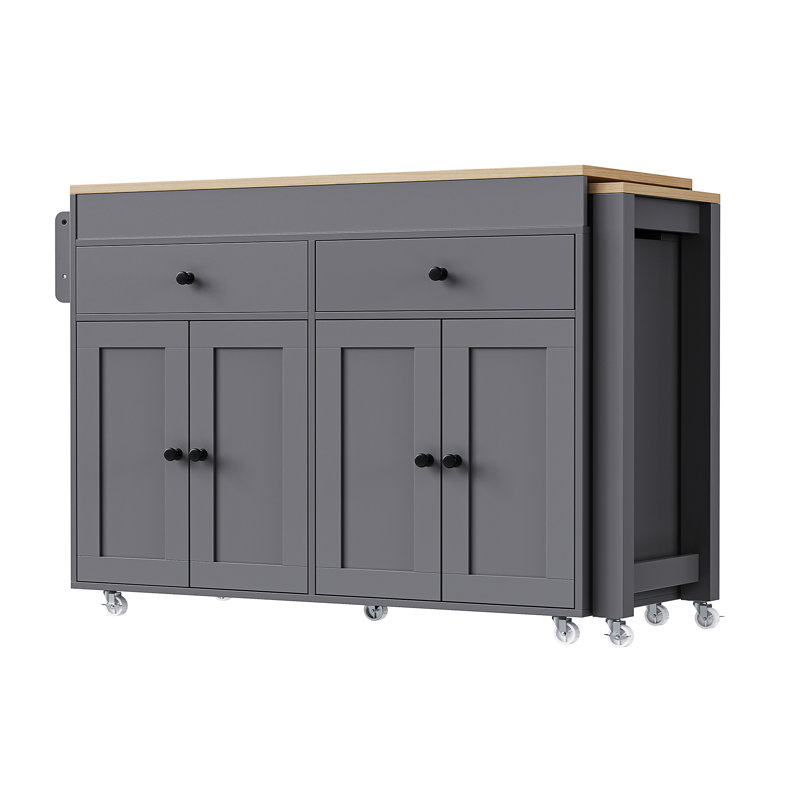 K&K Kitchen Island With Extendable Dining Table, Gray