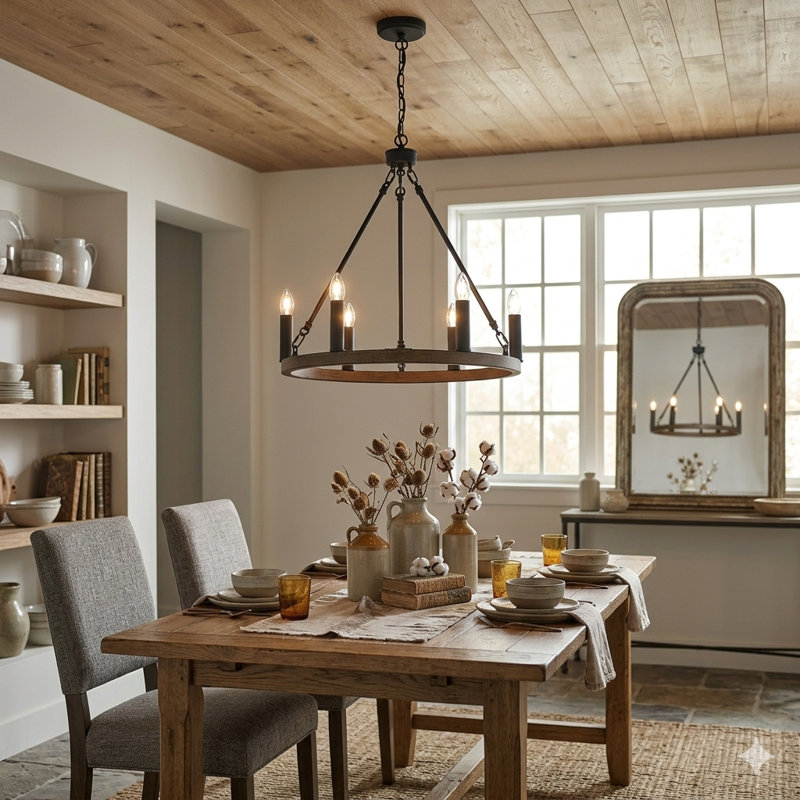 6-Lights Waggon Wheel Chandelier Ceiling Lights, Walnut
