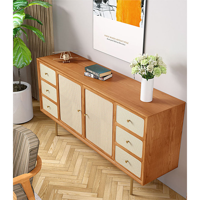 Buffet en bois massif et en rotin de style scandinave, Brun, H 31,5 po x l 63 po x P 15,7 po