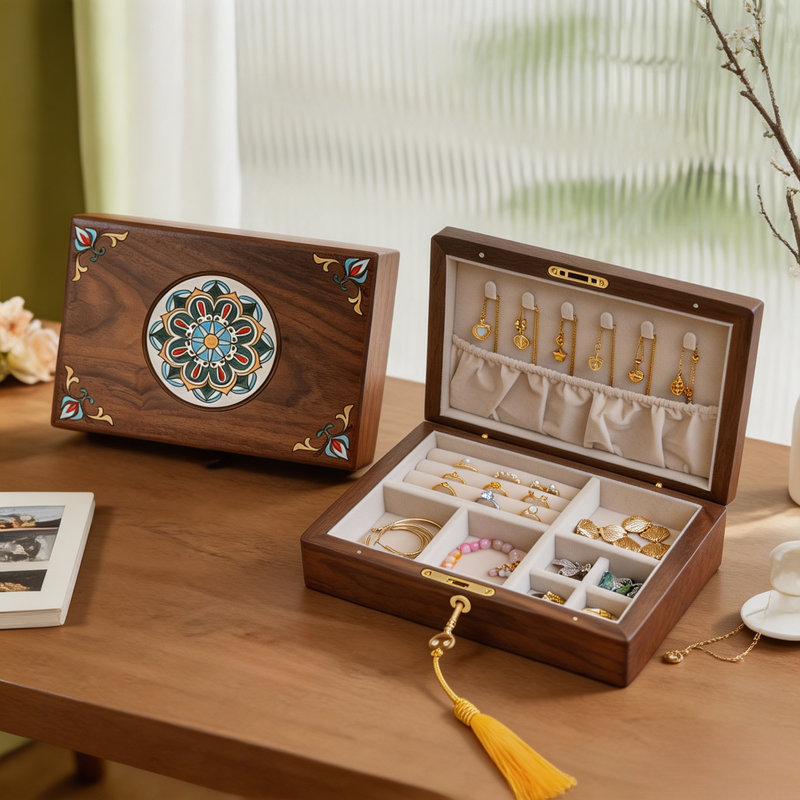 Boîte à bijoux en bois de noyer noir avec serrure