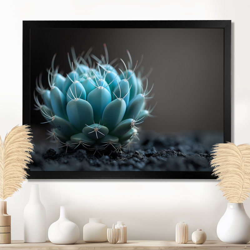 «Green», gris, monochrome, fleur de désert, cactus floral, impression d'art mural, Toile encadrée noire simple