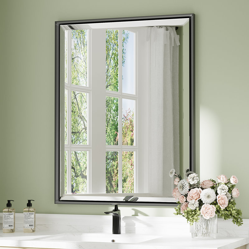 Beveled Design Rectangle Framed Bathroom Vanity Wall Mirror in Matte Black, 24" x 16"