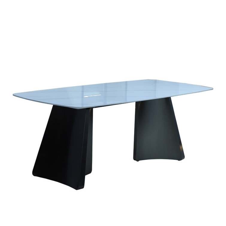 Luxury Rectangle Dining Table - Snow Mountain Durable Stone Surface with Gunmetal Base