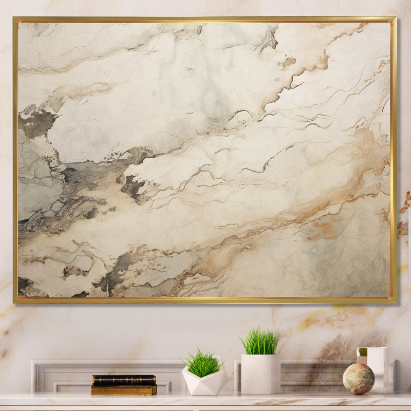 Beige et blanc, rivière de marbre - art mural abstrait en marbre, Cadre flottant doré, H 34 po x l 44 po x P 1,5 po