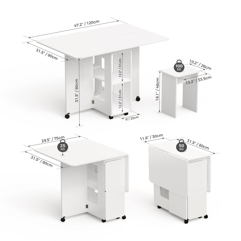 Ensemble de table pliante pour 4 personnes avec chaises, tablette de rangement et roulettes., Blanc, Blanc, Blanc