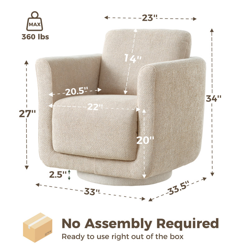 33" Wide Chenille 360° Oversized Swivel Barrel Chair With Solid Wood Frame, No Assembly Required (Set of 2), Beige Chenille