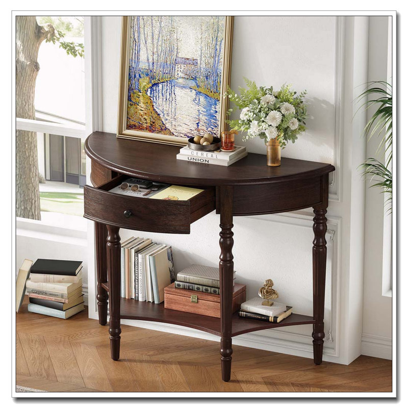 Half Moon Console Table with Drawer & Shelf, Espresso
