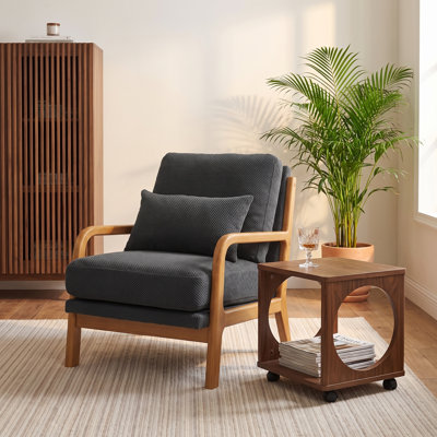 Fauteuil d'appoint de 26 po de largeur en bois massif, fauteuil rembourré de style Mid-Century avec coussin supplémentaire, fauteuil de détente pour salon, chambre, balcon, bureau