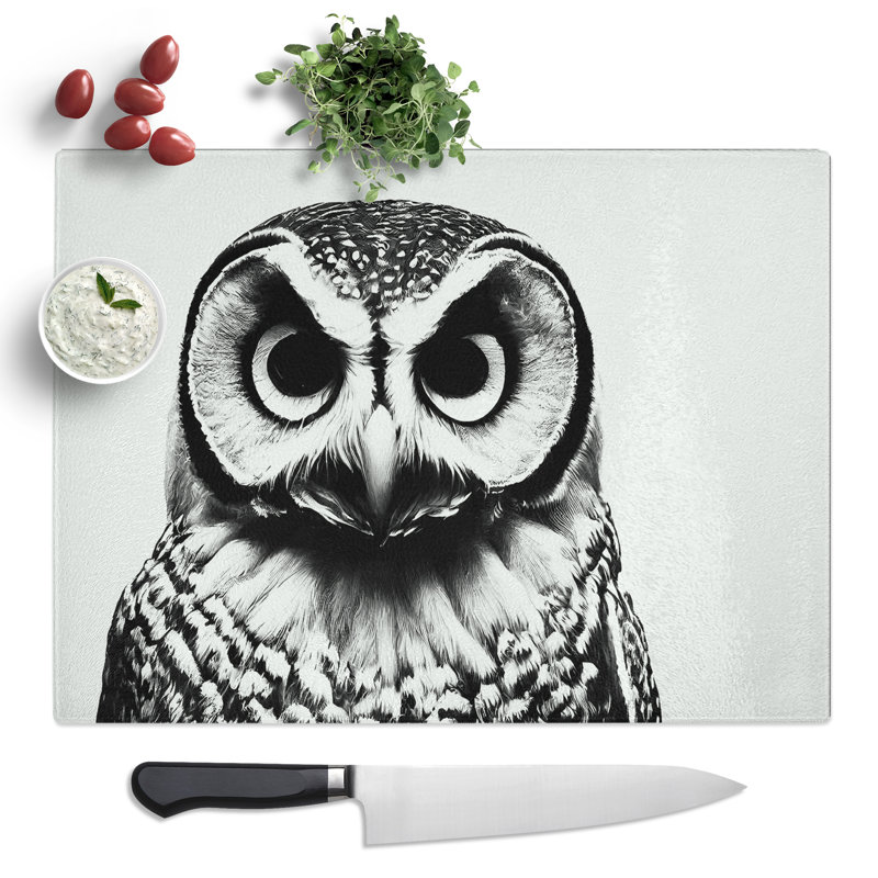 Barn Owl Monochrome  Glass Chopping Board