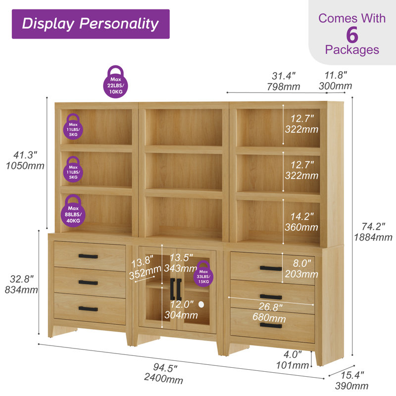 74" Tall Bookshelf With, 3-Tier Farmhouse Bookcase With Glass Doors And Drawers, Multifunctional Storage Cabinet For Living Room, Home Office, Library