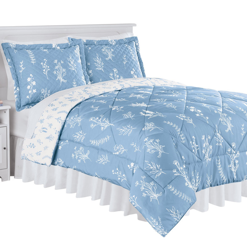 Reversible Floral and Leaf Pattern Comforter Set, Blue, King Comforter + 2 Shams