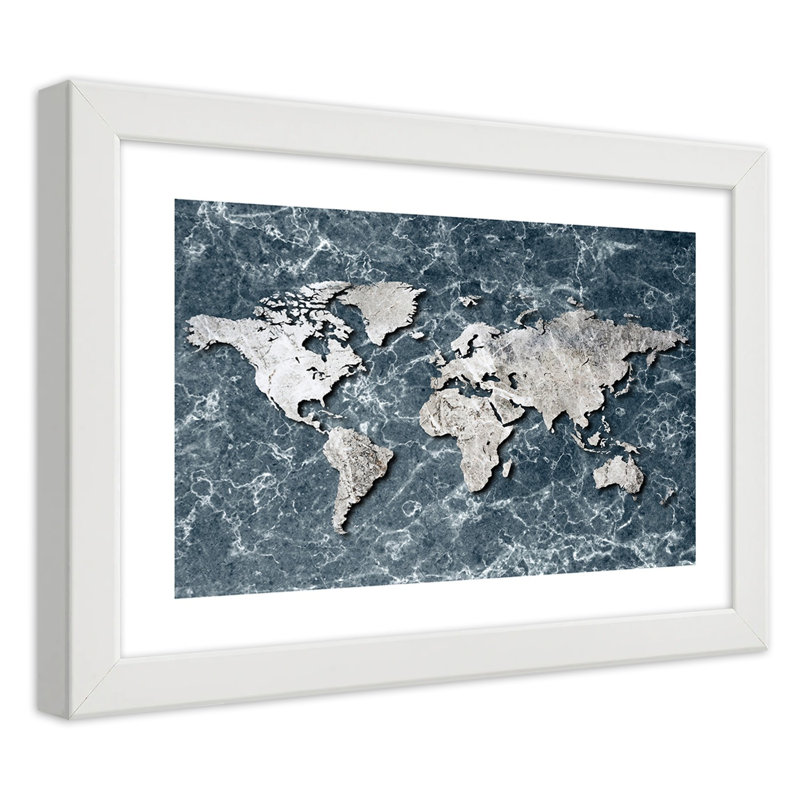 World Map in Marble Grey 1 Piece Single Picture Frame Wall Art, 60cm H x 90cm W, White
