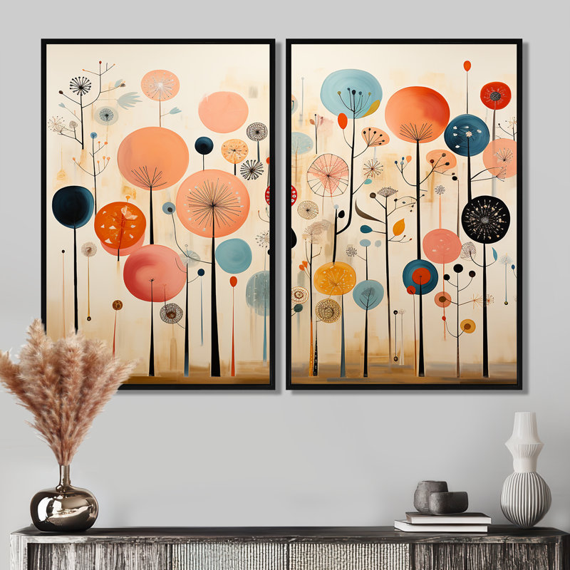 Papier peint coloré Mid Mid Century Whimsical - impressions multicolores modernes sur toile, Black, 36" H x 48" W