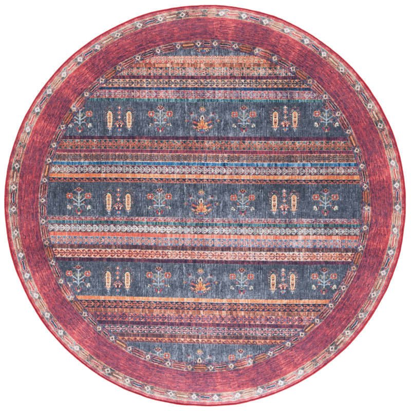 Daveonte Orlando Felt/Velvet/Laminated Film Machine Washable Southwestern Rug in Rust/Blue, Round 6'7"