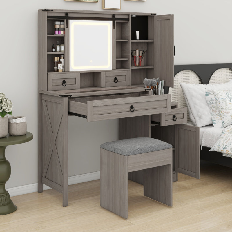 Meuble-lavabo avec miroir coulissant et lumières, Gris