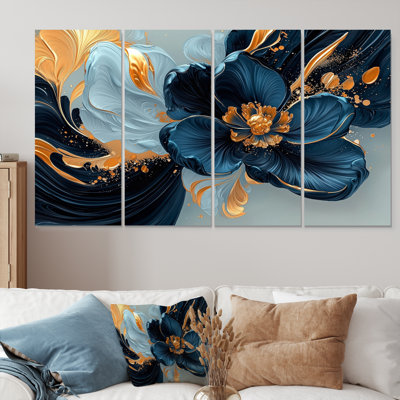 «Golden Arrangement», velours bleu, marguerites, encre I - Art mural boutons d'or - Décoration murale traditionnelle