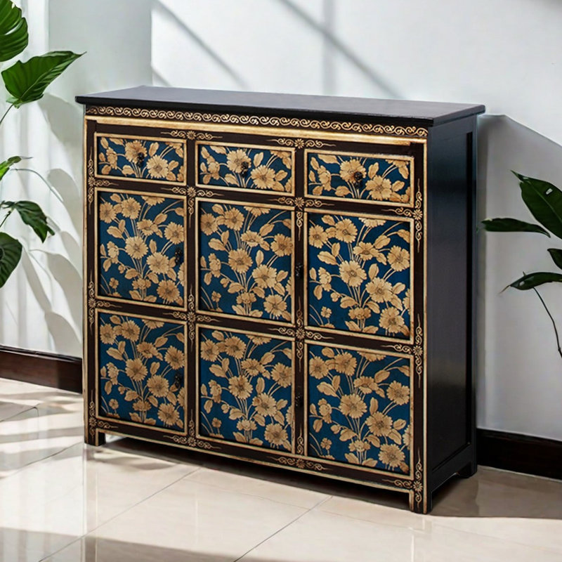 Armoire de rangement à chaussures en bois massif de style tibétain avec 12 paires de chaussures