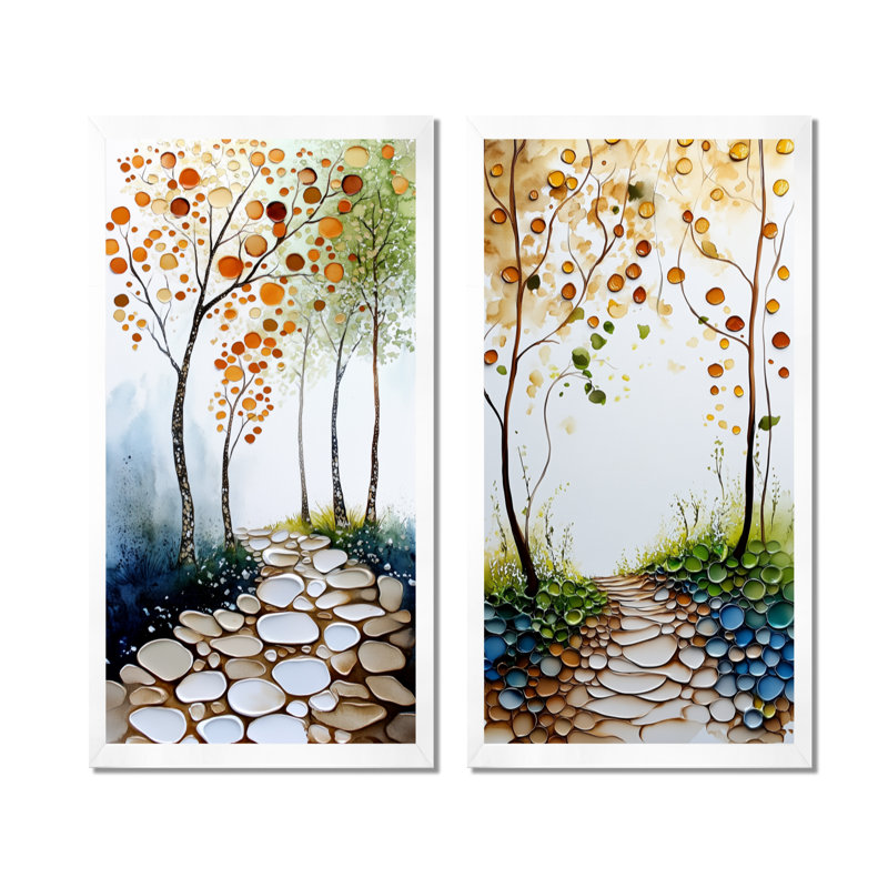 Chemin forestier verdoyant - Décoration murale forêt pour salon (lot de 2), 32" H x 32" W, White Picture Framed