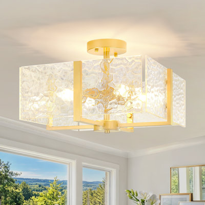 4‑Light Gold Modern Farmhouse Water Ripple Textured Glass Semi‑Flush Mount Ceiling Light for Foyer Hallway Entryway Dining Room