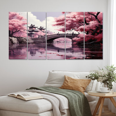 «Japon Art Cherry Blossom Pink Bridge», reproduction de toile tendue 5 pièces