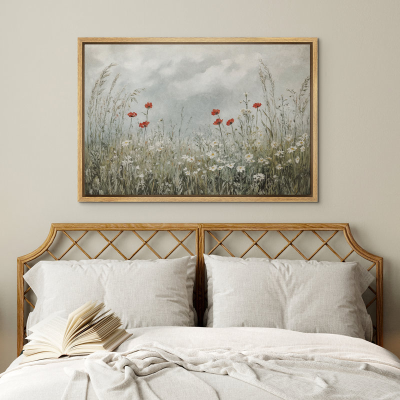 «Green Daisy Flowers Rustic Franch Country», reproduction d'art sur toile encadrée, H 16 po x l 24 po, Naturel