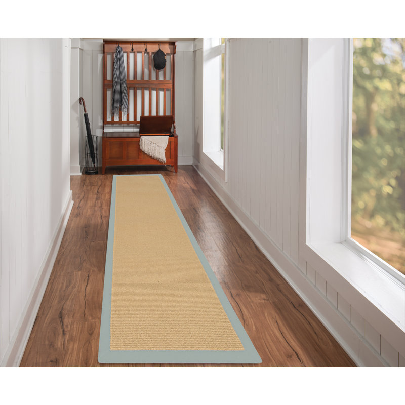 Nannette Handmade Medium Beige Berber with Ice Blue Cotton Border Made in the USA Area Rug, Runner 2'6" x 12'