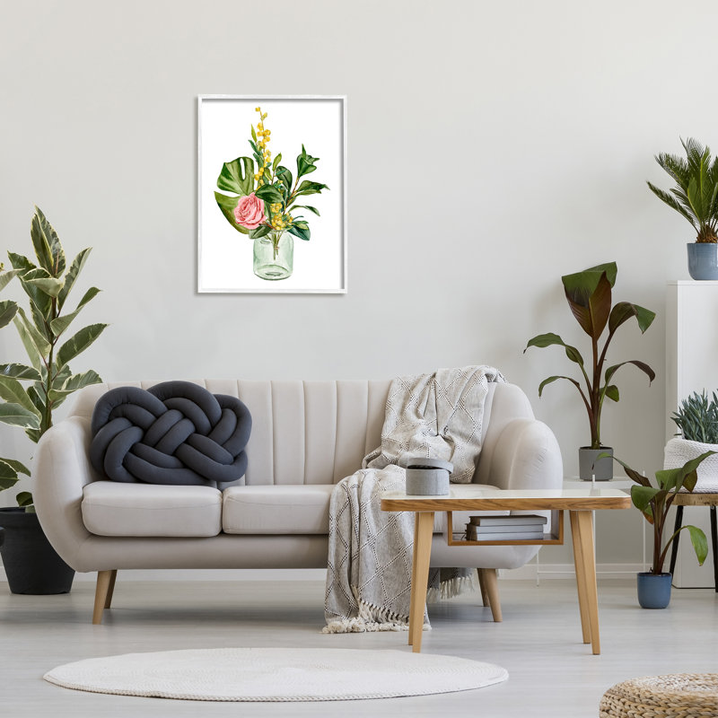 Aquarelle de pot de verre bouquet de roses roses et jaunes par Melissa Wang, H 30 po x l 24 po x P 1,5 po