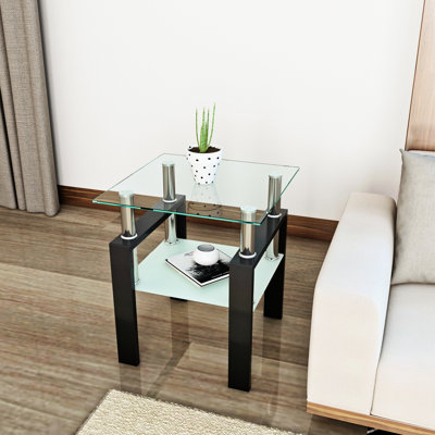 Table basse carrée moderne en verre trempé transparent avec cadre en métal noir pour le salon, carrée et noire, facile à assembler et à nettoyer, H 20,5 po x l 18,24 po, L 18,24 po, capacité de 150 lb