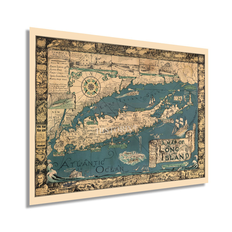 1933, carte de Long Island NY sur papier, H 24 po x l 36 po