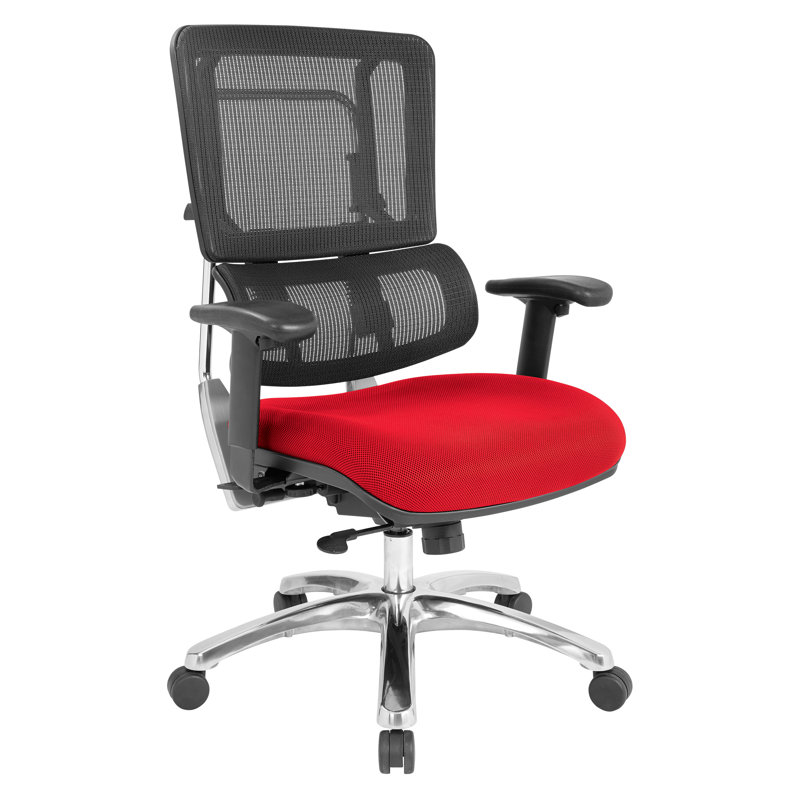 Chaise de travail ergonomique Pro-Line II, Aluminium poli, Tissu en filet rouge / noir
