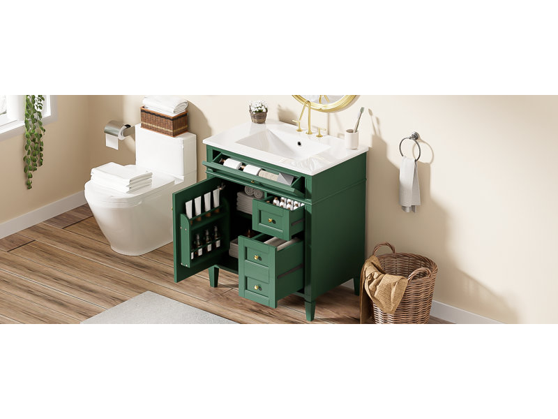 Meuble-lavabo de 30 po avec lavabo supérieur, Vert, Doré