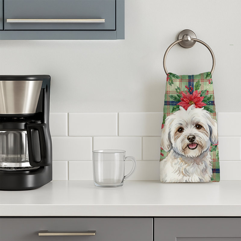 Coton de Tulear Christmas PoinsettIas Kitchen Towel, White Coton de Tulear