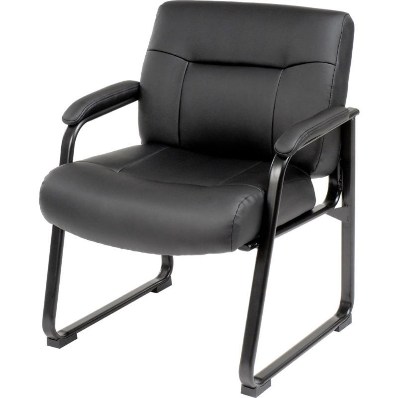 Black Leather High Back Chair with Fixed Arms and Metal Frame
