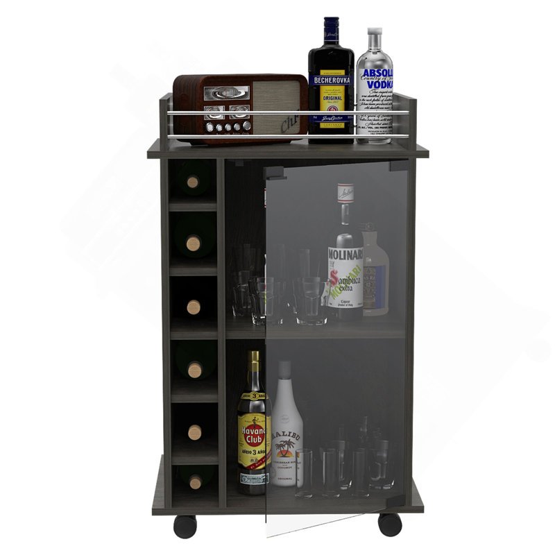 Vegas Bar Cart, Two Tier Cabinet With Glass Door, Six Cubbies For Liquor, Gray