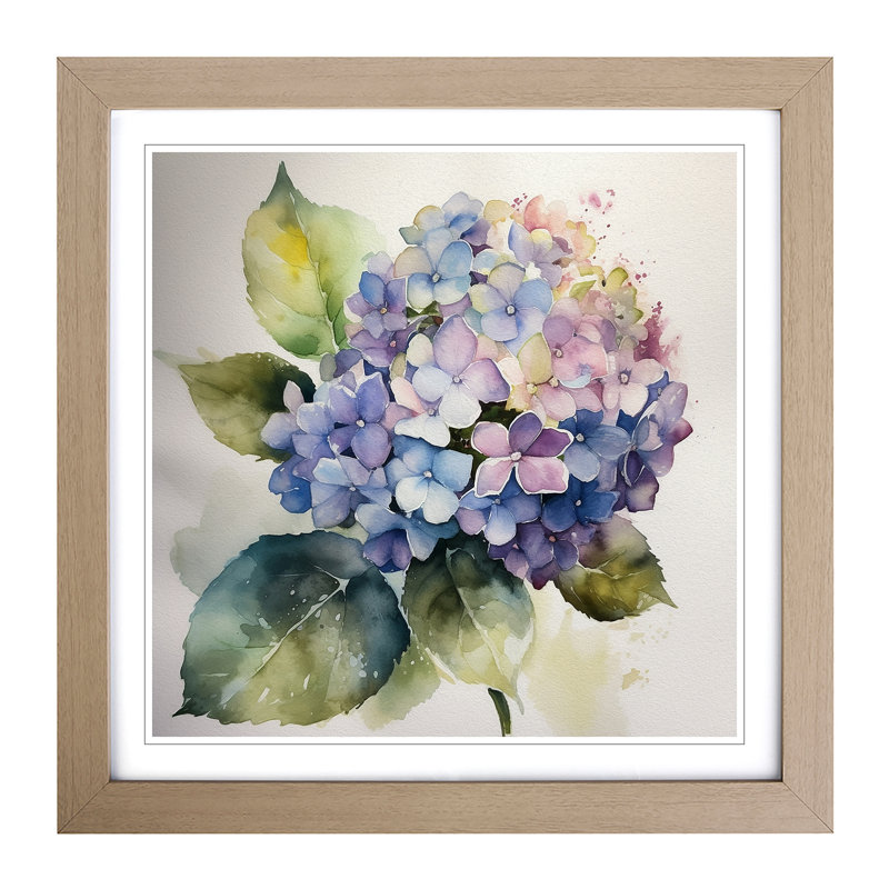 Hydrangea Watercolour - Single Picture Frame Print on Wood, Oak