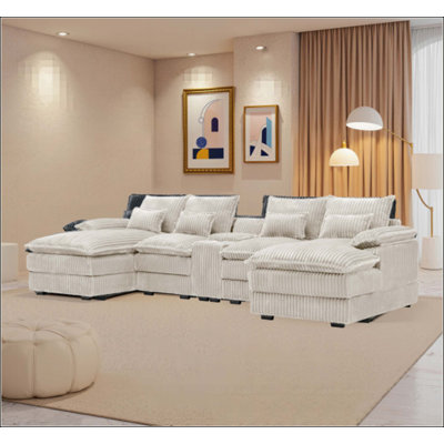 Five-Piece U-Shaped Sofa With A Center Console Coffee Table And USB Ports, Four Pillows Included, Suitable For Spacious Living Rooms And Meeting Rooms.