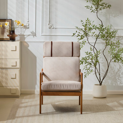 Mid Century Modern Accent Armchair, Solid Wood Frame with High Back, Light Gray Upholstered Cushions, Ergonomic Lounge Chair for Living Room/Bedroom/Reading Nook