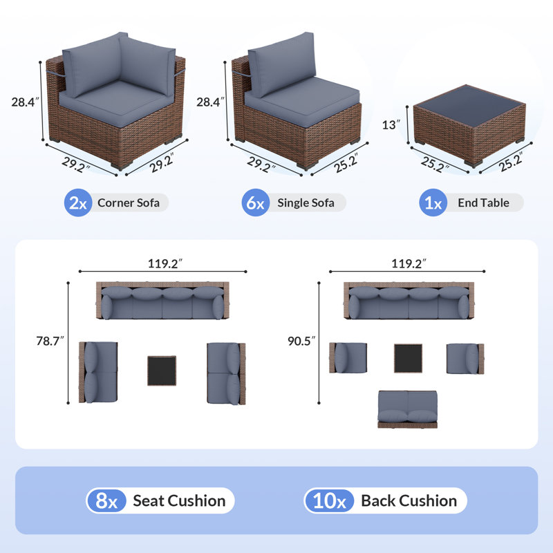 Dinyu Wicker 8 - Person Modular Patio Conversation Set with Cushions, Gray